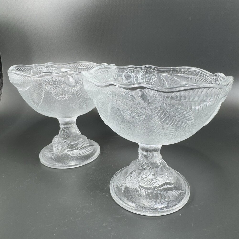Luminarc Embossed Fruit Glass Footed Dishes Dessert Bowl France Set 2‎ Clear VTG